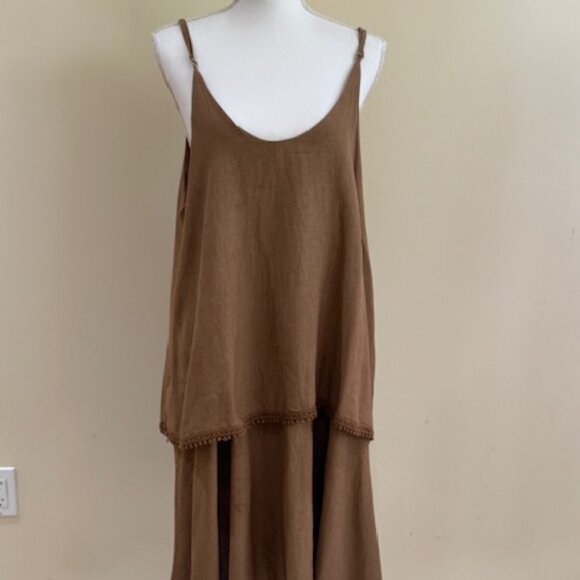 Cristina Vergani Brown Linen Spaghetti Strap Dress Sz XL - Picture 1 of 11